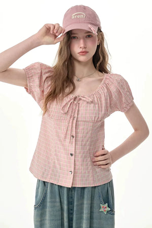 Pink Plaid Puff Sleeve Tie Front Top