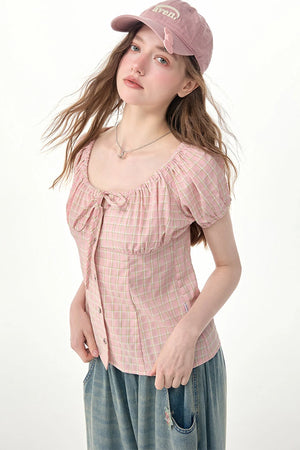 Pink Plaid Puff Sleeve Tie Front Top
