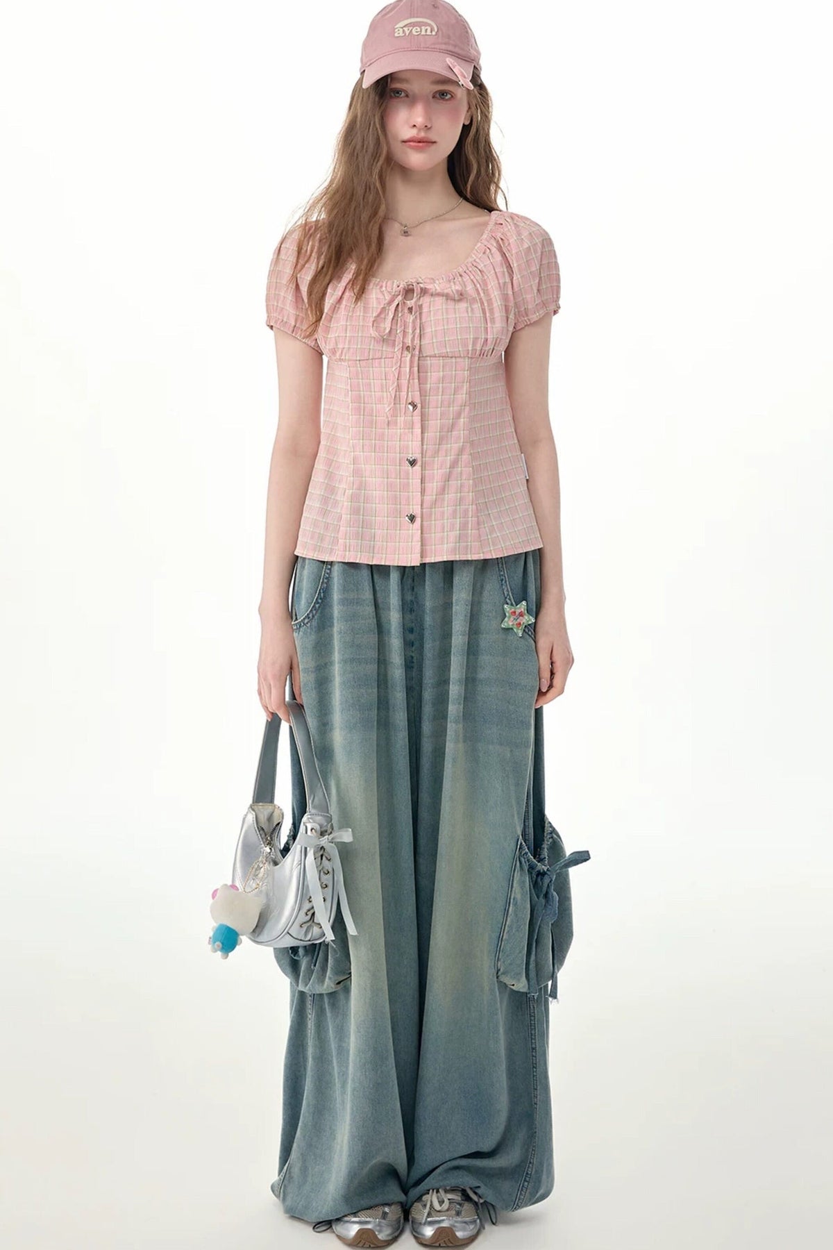 Pink Plaid Puff Sleeve Tie Front Top