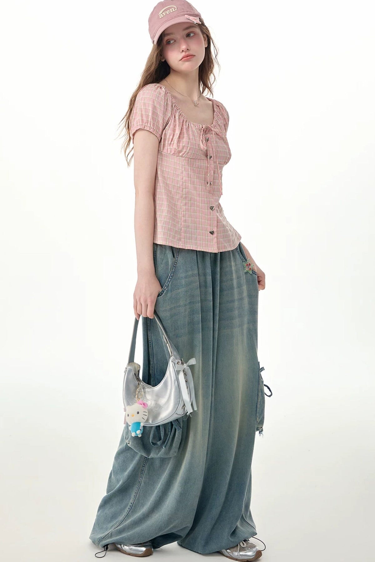 Pink Plaid Puff Sleeve Tie Front Top