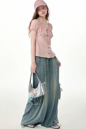 Pink Plaid Puff Sleeve Tie Front Top