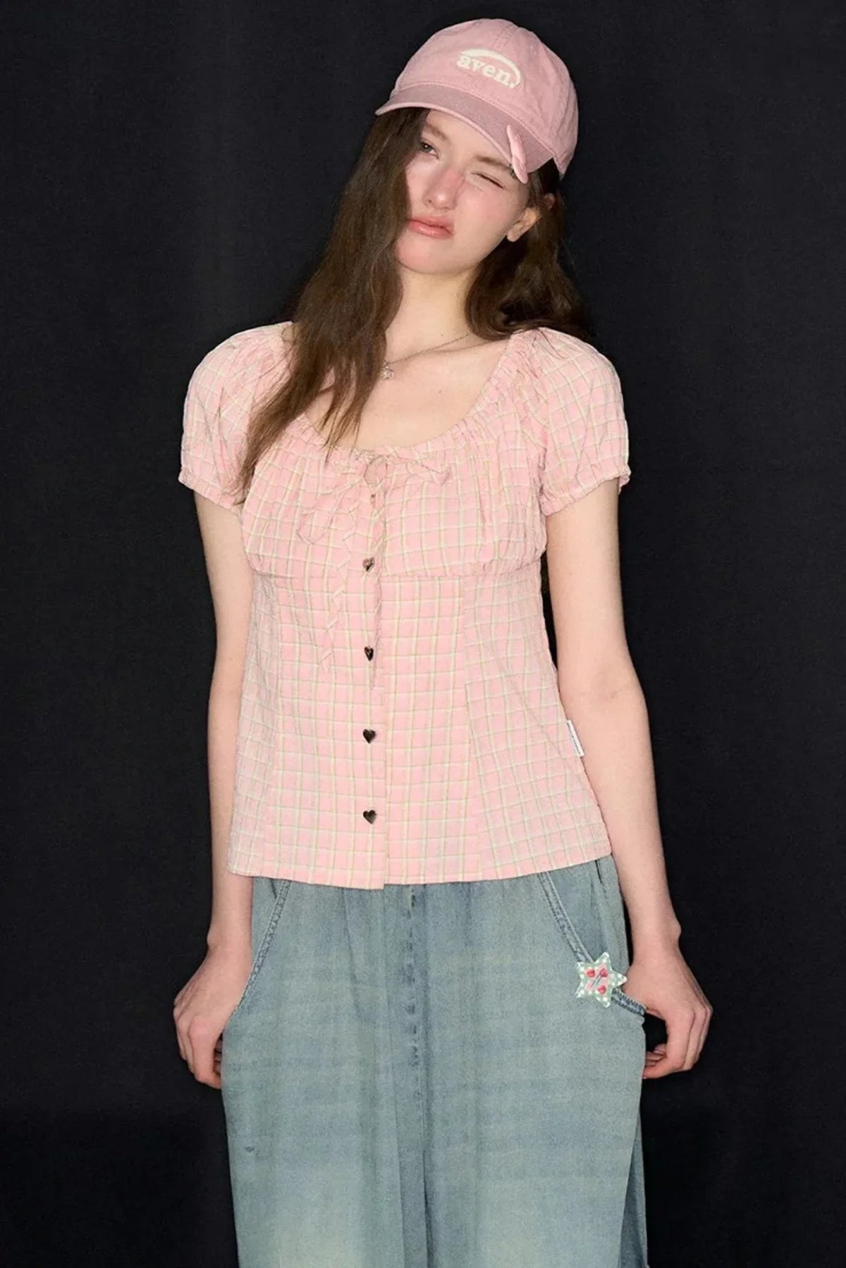 Pink Plaid Puff Sleeve Tie Front Top