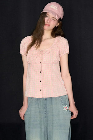 Pink Plaid Puff Sleeve Tie Front Top