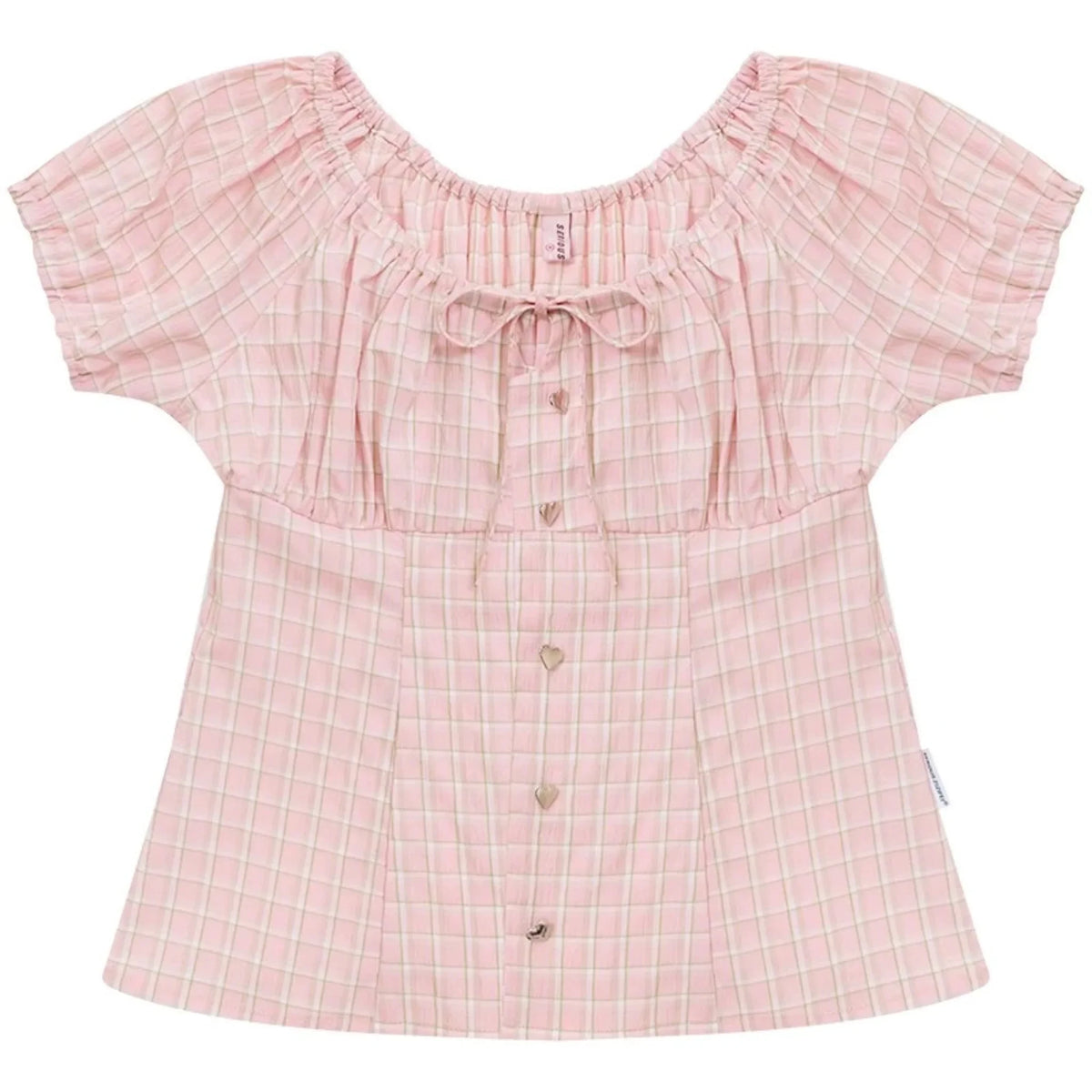Pink Plaid Puff Sleeve Tie Front Top