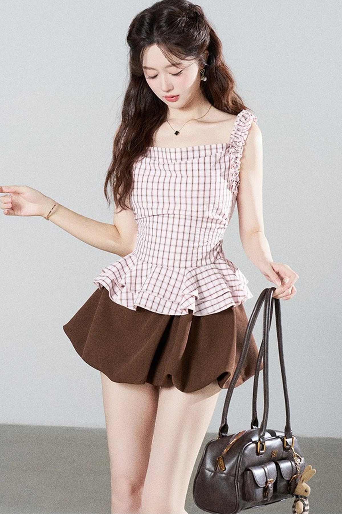 Pink Plaid Suspender Shirt and Brown Skirt Set