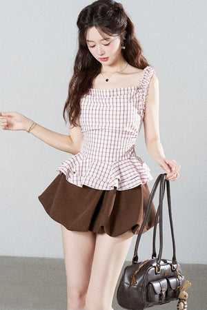 Pink Plaid Suspender Shirt and Brown Skirt Set