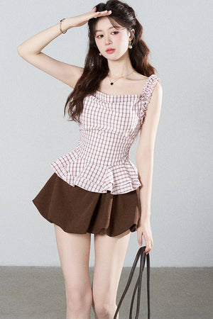 Pink Plaid Suspender Shirt and Brown Skirt Set