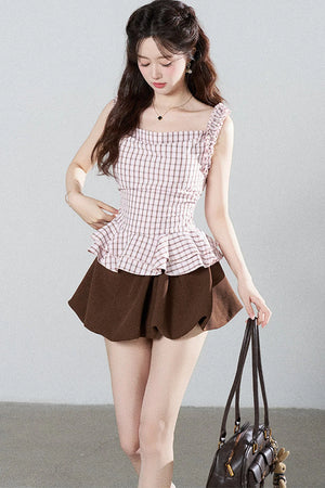 Pink Plaid Suspender Shirt and Brown Skirt Set