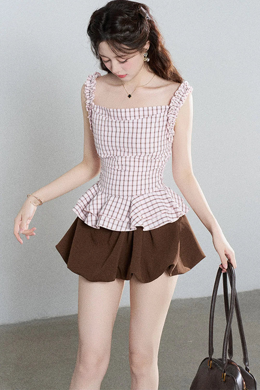 Pink Plaid Suspender Shirt and Brown Skirt Set