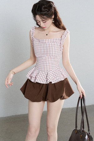 Pink Plaid Suspender Shirt and Brown Skirt Set