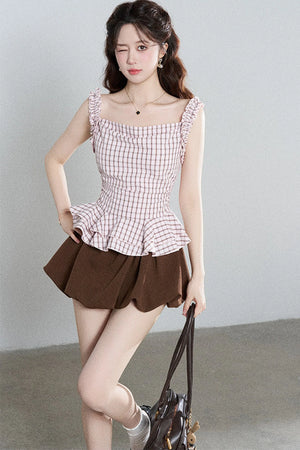 Pink Plaid Suspender Shirt and Brown Skirt Set