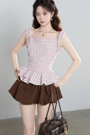 Pink Plaid Suspender Shirt and Brown Skirt Set