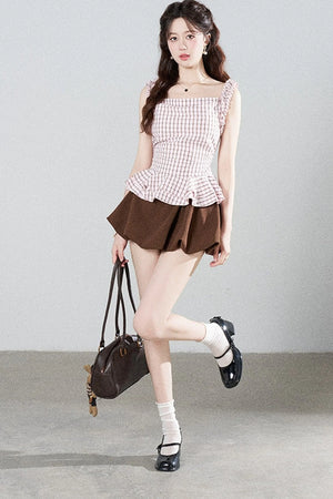 Pink Plaid Suspender Shirt and Brown Skirt Set