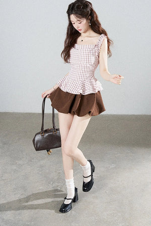 Pink Plaid Suspender Shirt and Brown Skirt Set