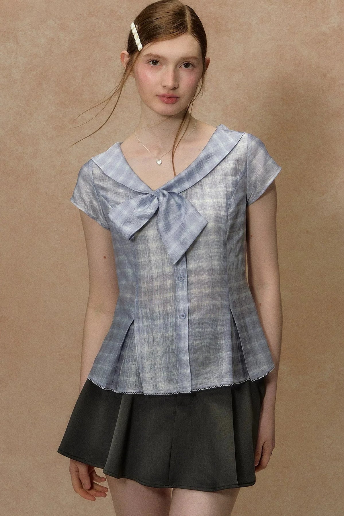 Pink Plaid V-Neck Short Shirt