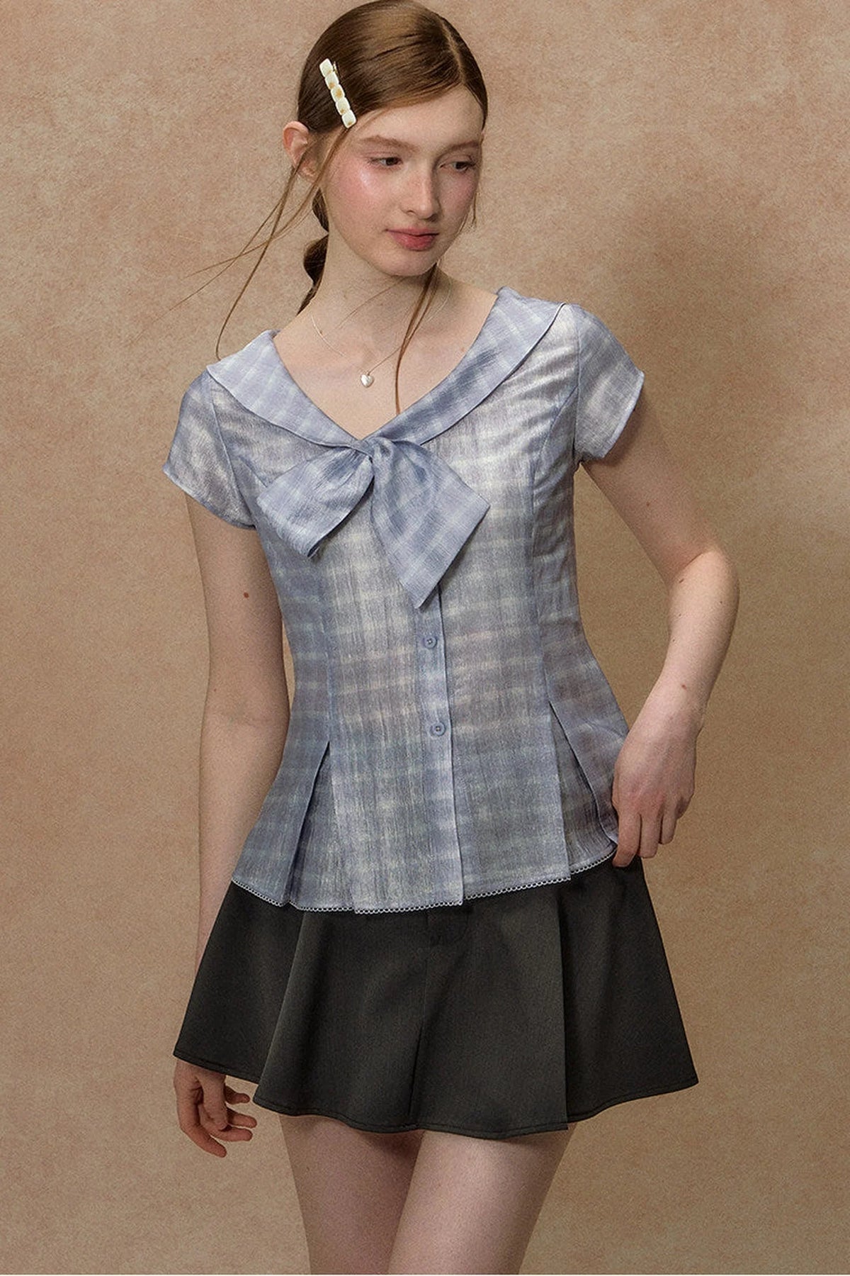 Pink Plaid V-Neck Short Shirt