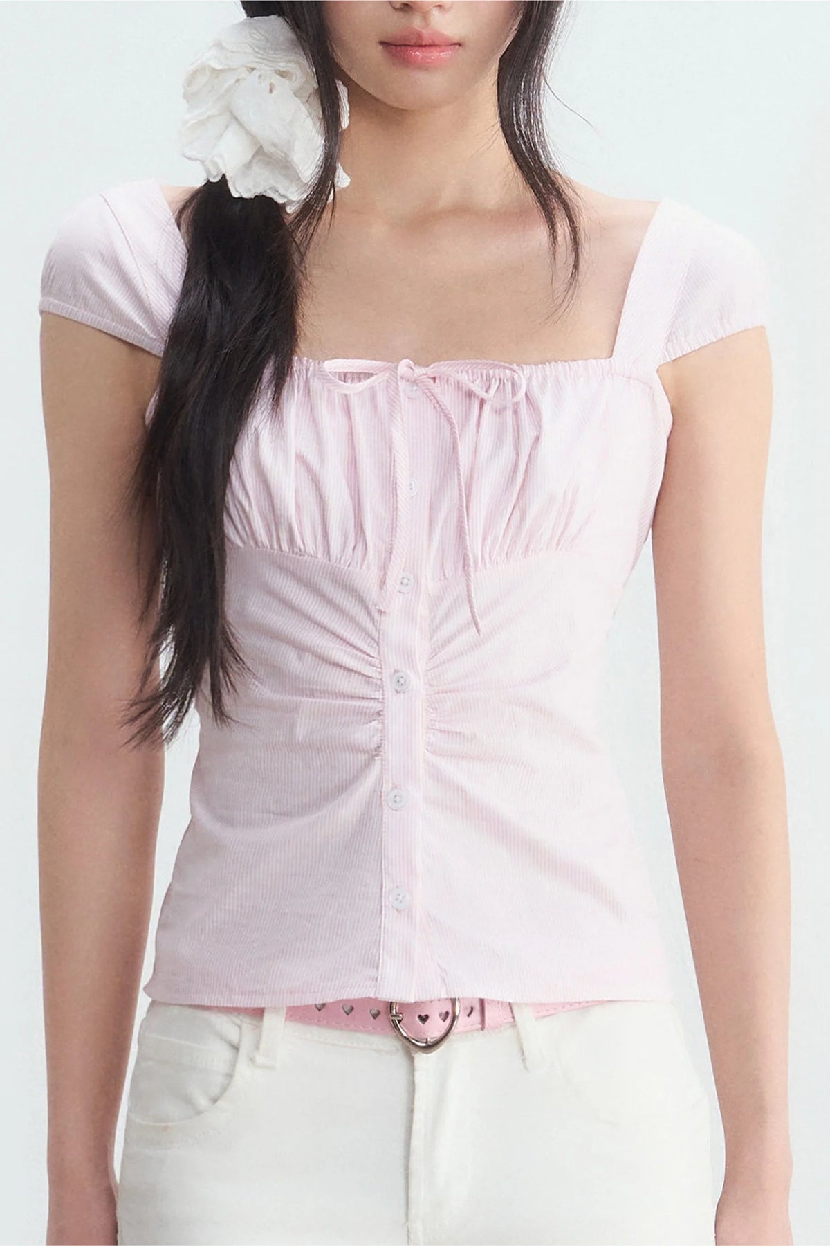 Pink Pleated Square-Neck Shirt and White Pants Set-Up