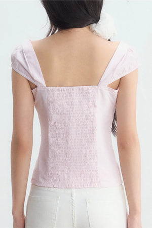 Pink Pleated Square-Neck Shirt and White Pants Set-Up