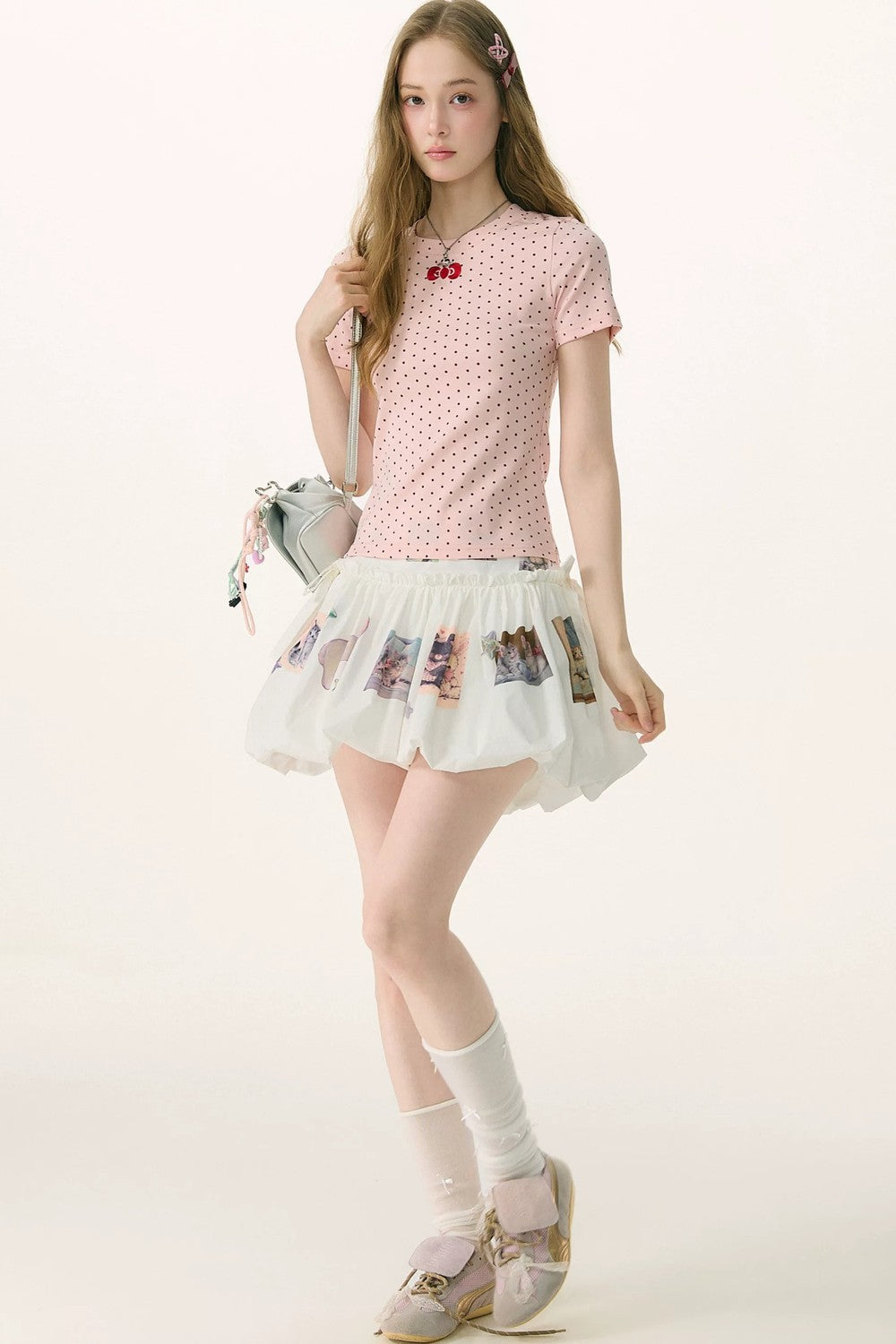 Pink Polka Dot Bow Blouse