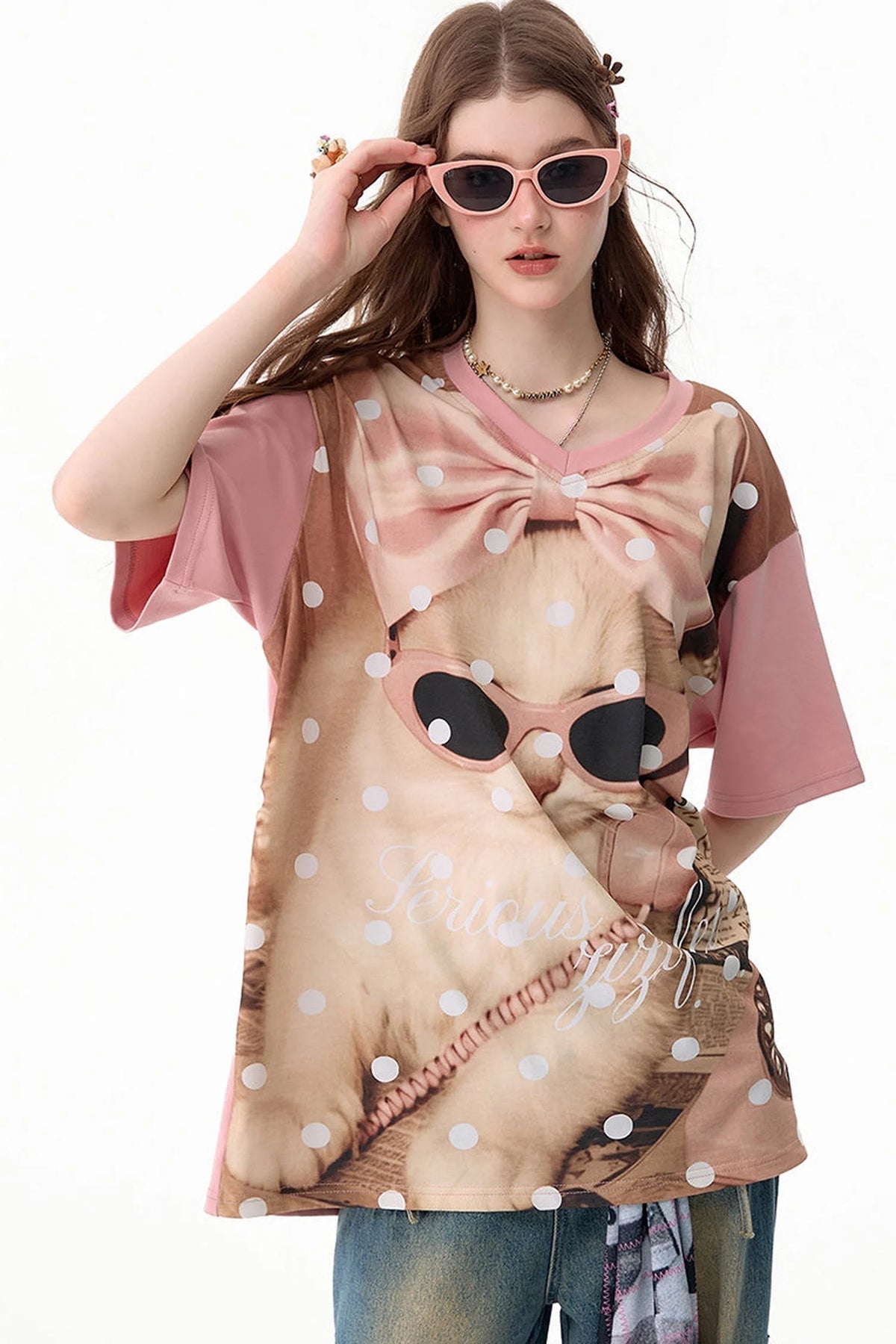 Pink Polka Dot Cat Graphic T-Shirt