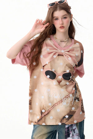 Pink Polka Dot Cat Graphic T-Shirt
