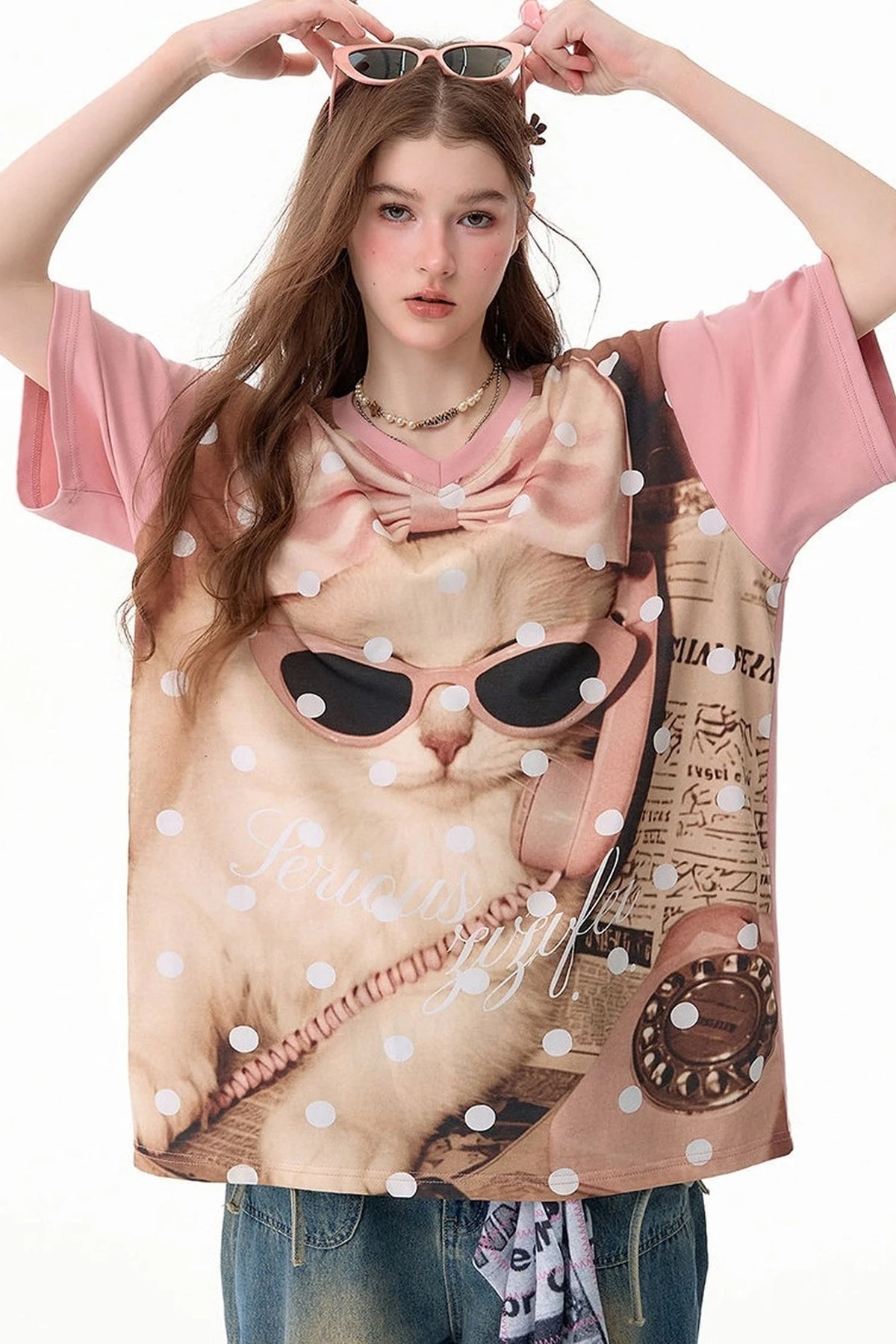 Pink Polka Dot Cat Graphic T-Shirt