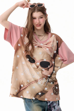 Pink Polka Dot Cat Graphic T-Shirt