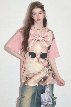 Pink Polka Dot Cat Graphic T-Shirt