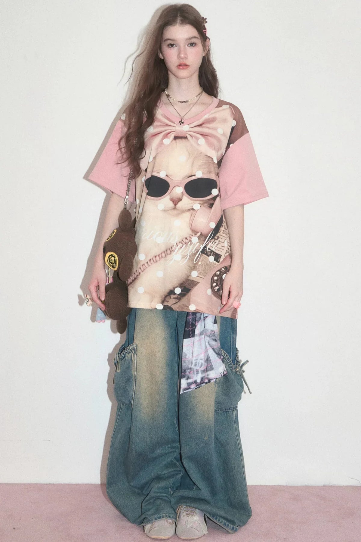 Pink Polka Dot Cat Graphic T-Shirt