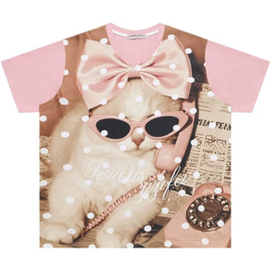 Pink Polka Dot Cat Graphic T-Shirt