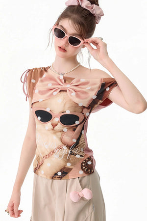 Pink Polka Dot Cat Print T-Shirt