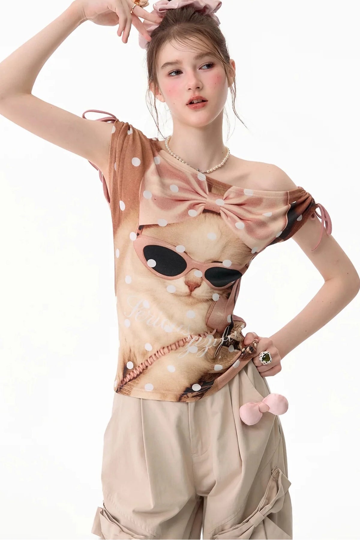 Pink Polka Dot Cat Print T-Shirt