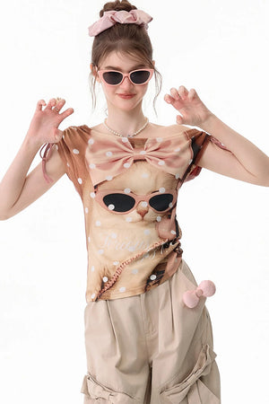 Pink Polka Dot Cat Print T-Shirt