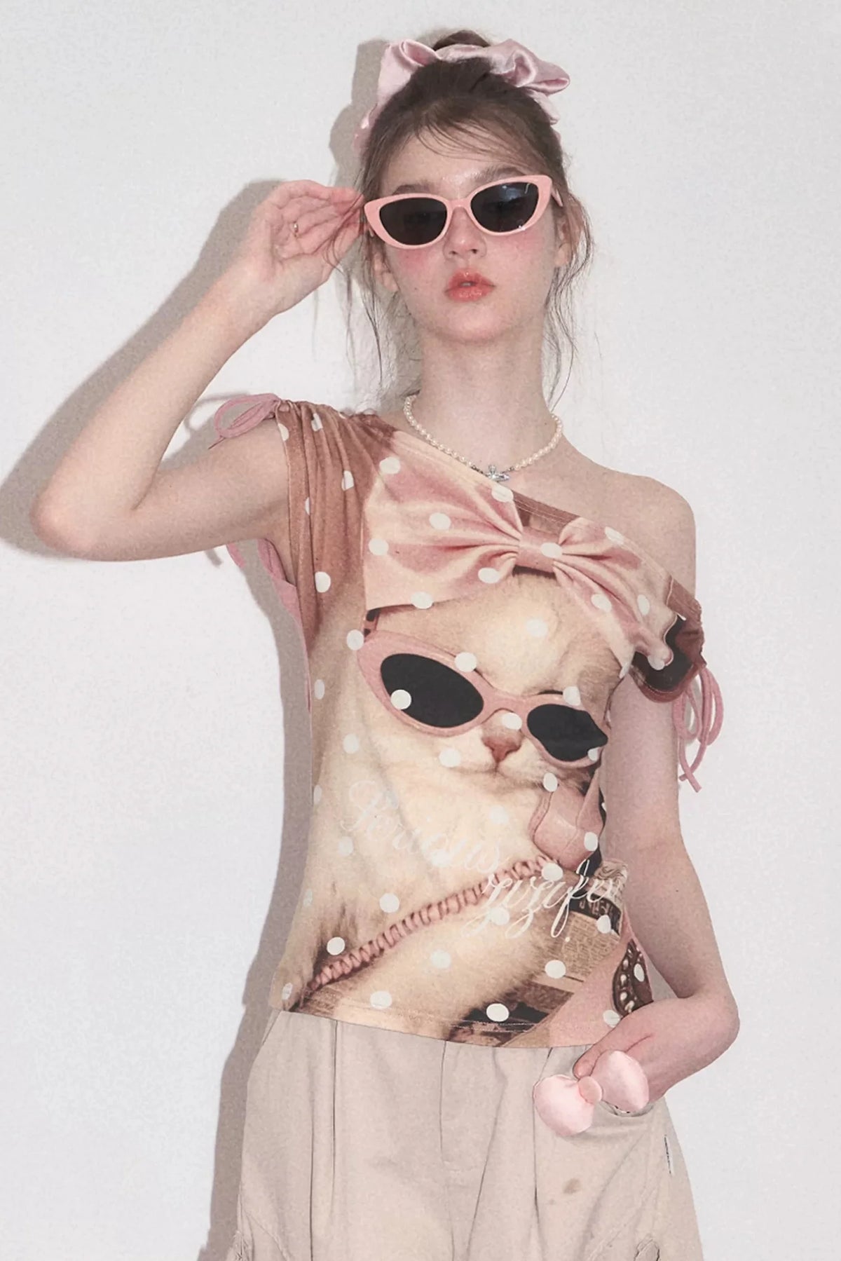 Pink Polka Dot Cat Print T-Shirt