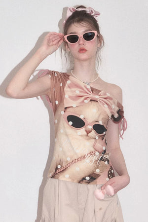Pink Polka Dot Cat Print T-Shirt