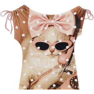Pink Polka Dot Cat Print T-Shirt