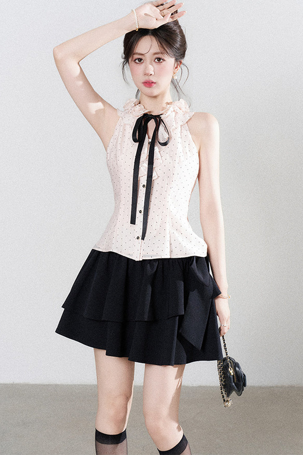 Pink Polka Dot Halter Neck Tencel Shirt and Skirt Set