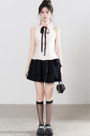 Pink Polka Dot Halter Neck Tencel Shirt and Skirt Set