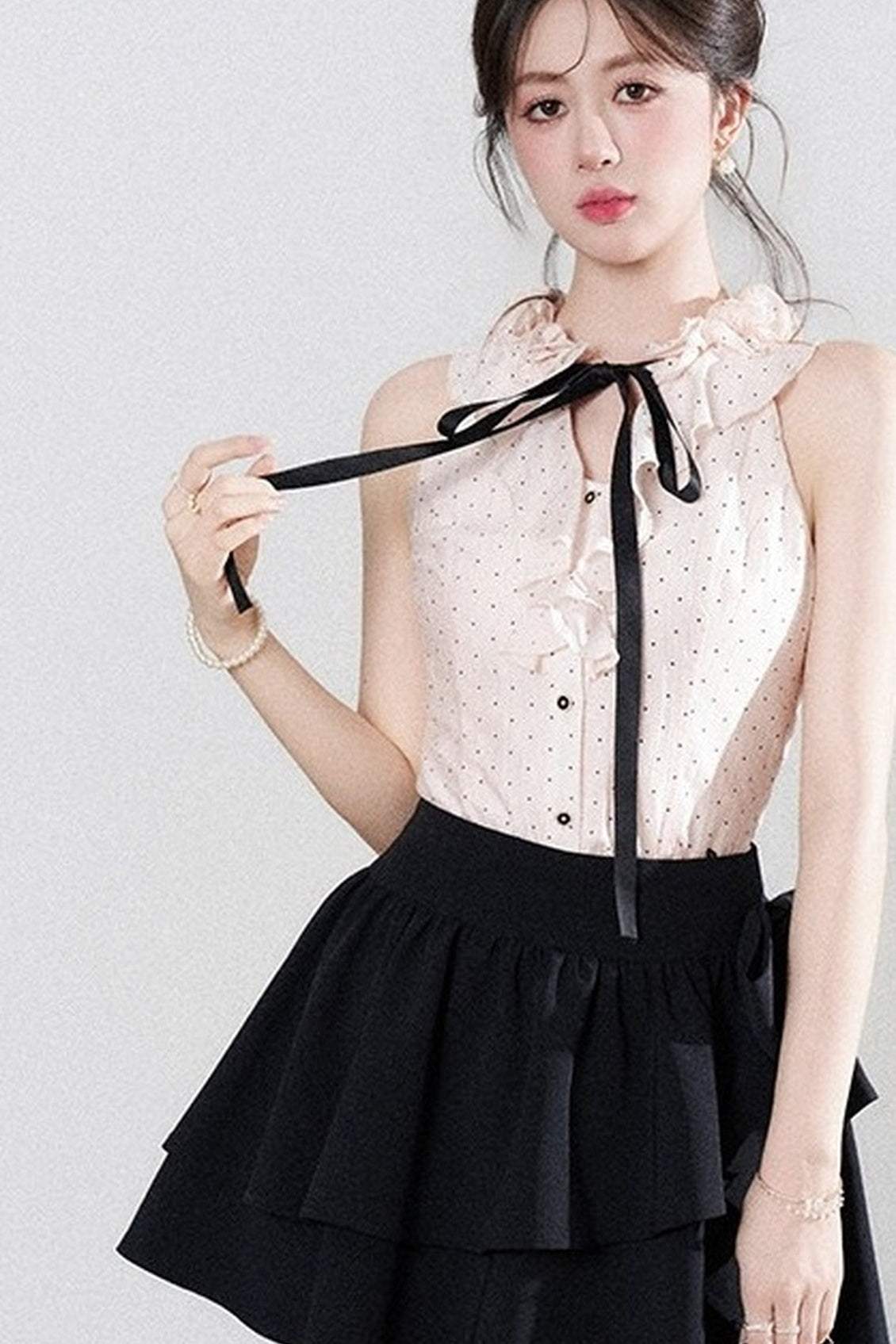 Pink Polka Dot Halter Neck Tencel Shirt and Skirt Set