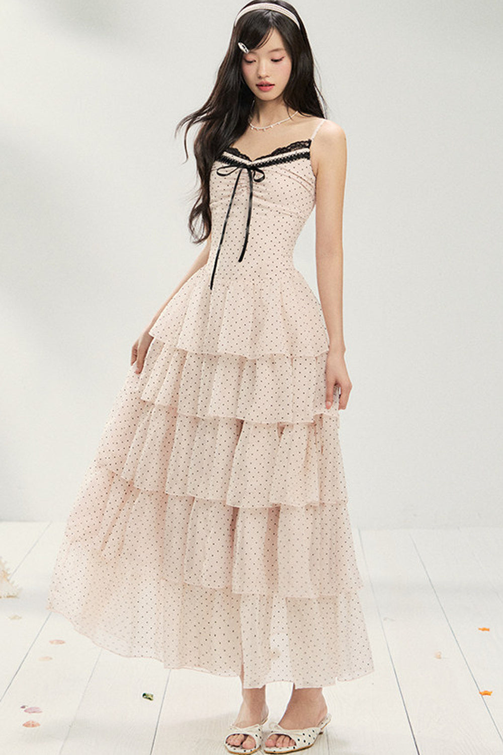 Pink Polka Dot Multi-Layered Spaghetti Strap Dress