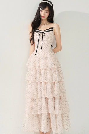 Pink Polka Dot Multi-Layered Spaghetti Strap Dress