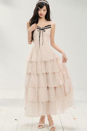 Pink Polka Dot Multi-Layered Spaghetti Strap Dress