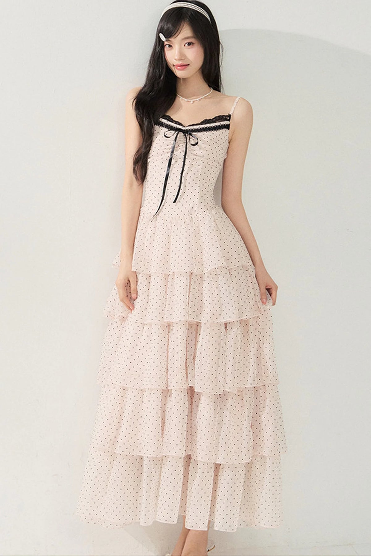 Pink Polka Dot Multi-Layered Spaghetti Strap Dress