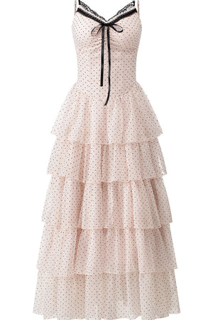 Pink Polka Dot Multi-Layered Spaghetti Strap Dress