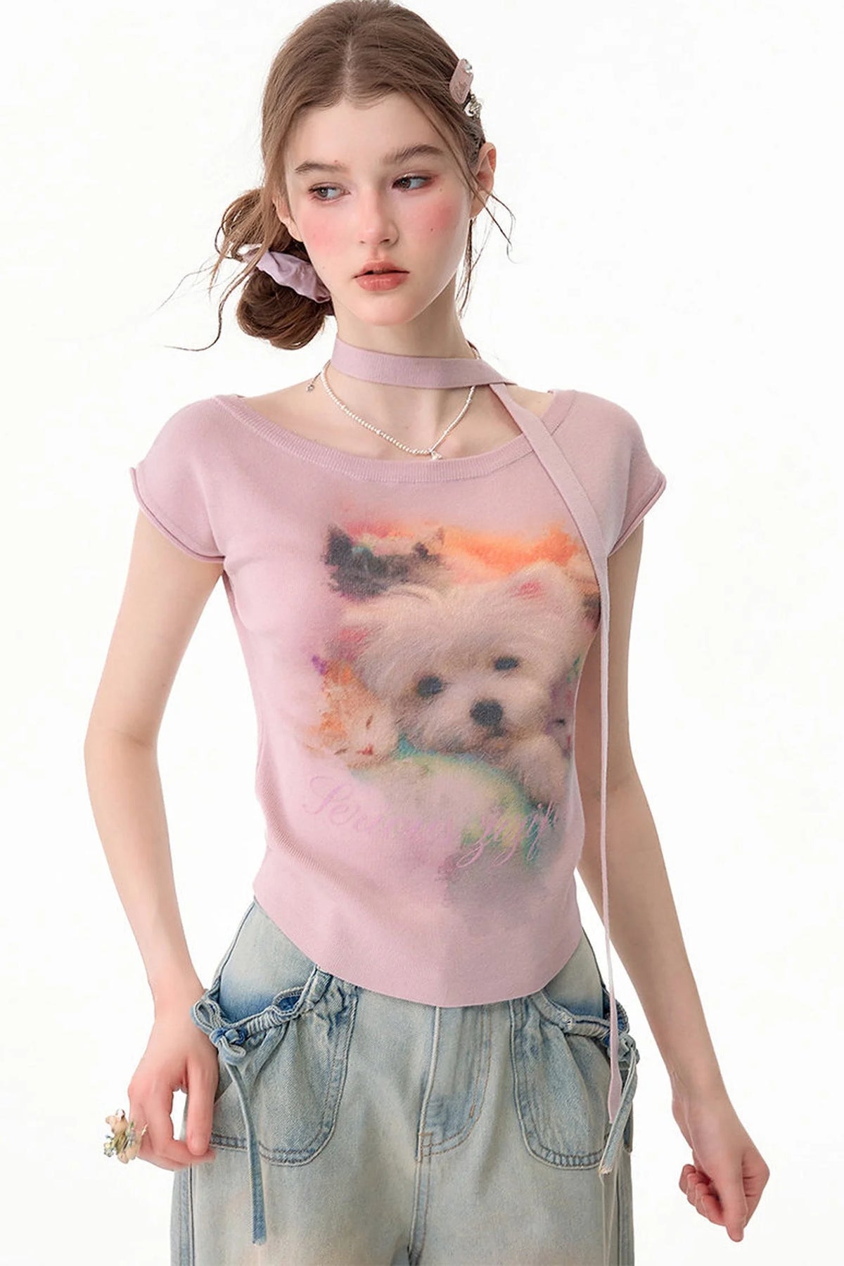 Pink Puppy Print Slim Fit T-Shirt
