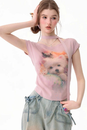 Pink Puppy Print Slim Fit T-Shirt