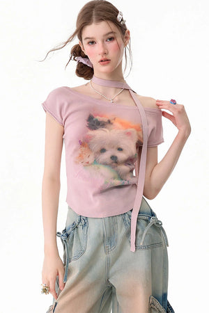 Pink Puppy Print Slim Fit T-Shirt