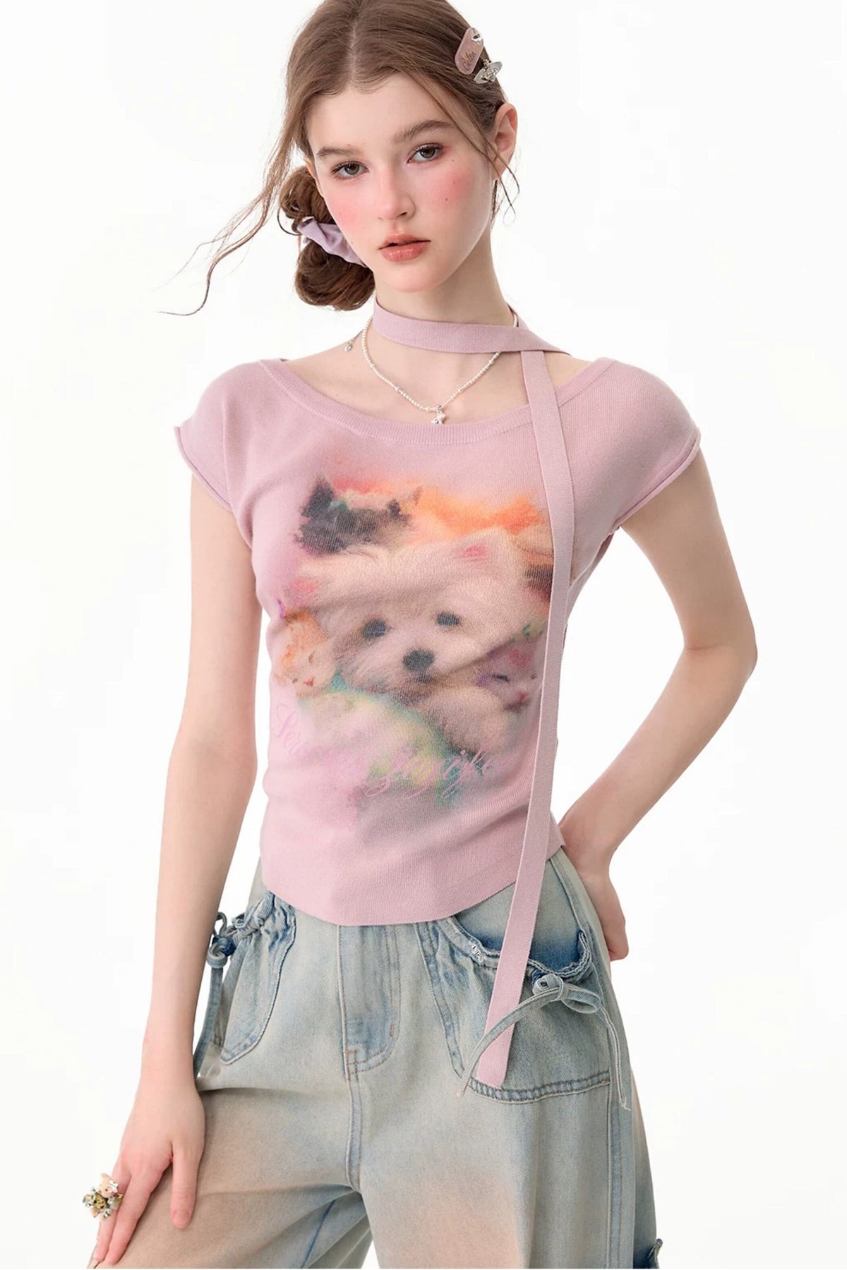 Pink Puppy Print Slim Fit T-Shirt