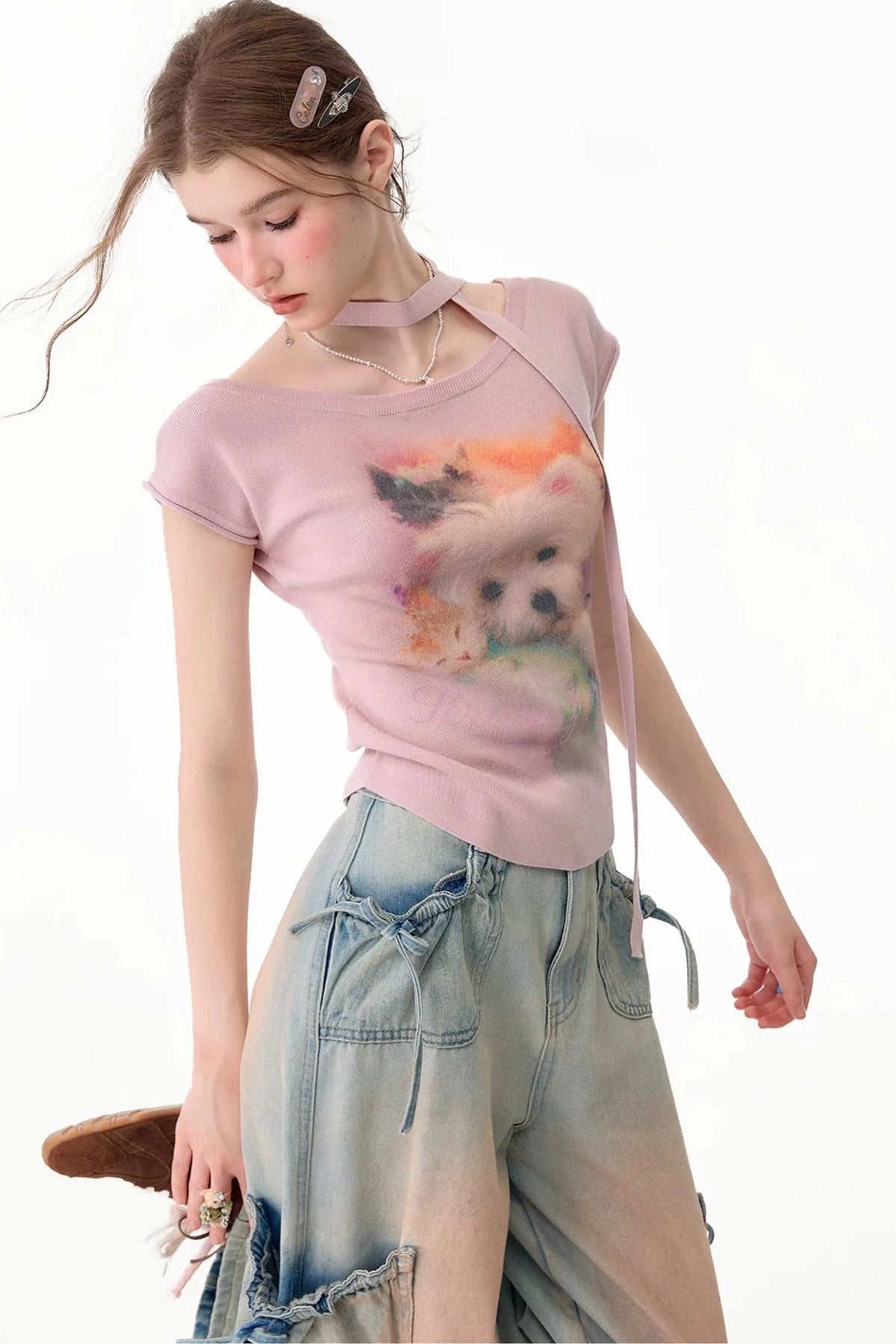 Pink Puppy Print Slim Fit T-Shirt