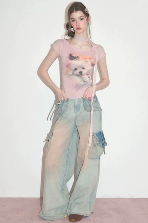 Pink Puppy Print Slim Fit T-Shirt
